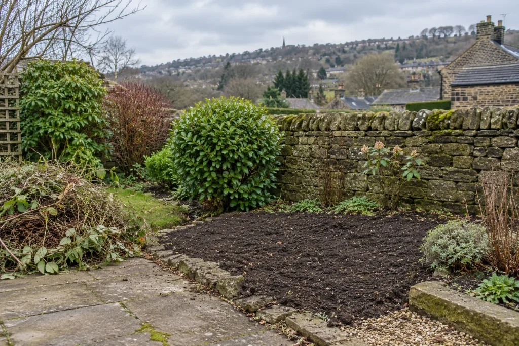 A cleared Baildon garden bed prepared for planting beside retained shrubs and a stone wall.