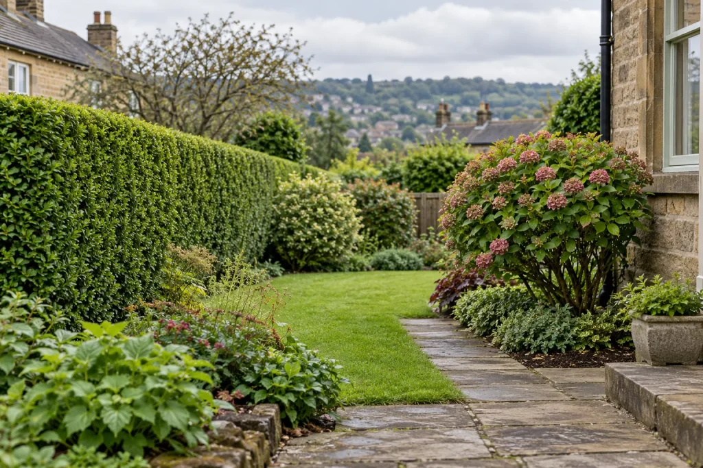 A maintained garden in Bingley with a shaped hedge and carefully pruned flowering shrub.