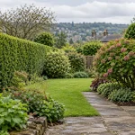 A maintained garden in Bingley with a shaped hedge and carefully pruned flowering shrub.