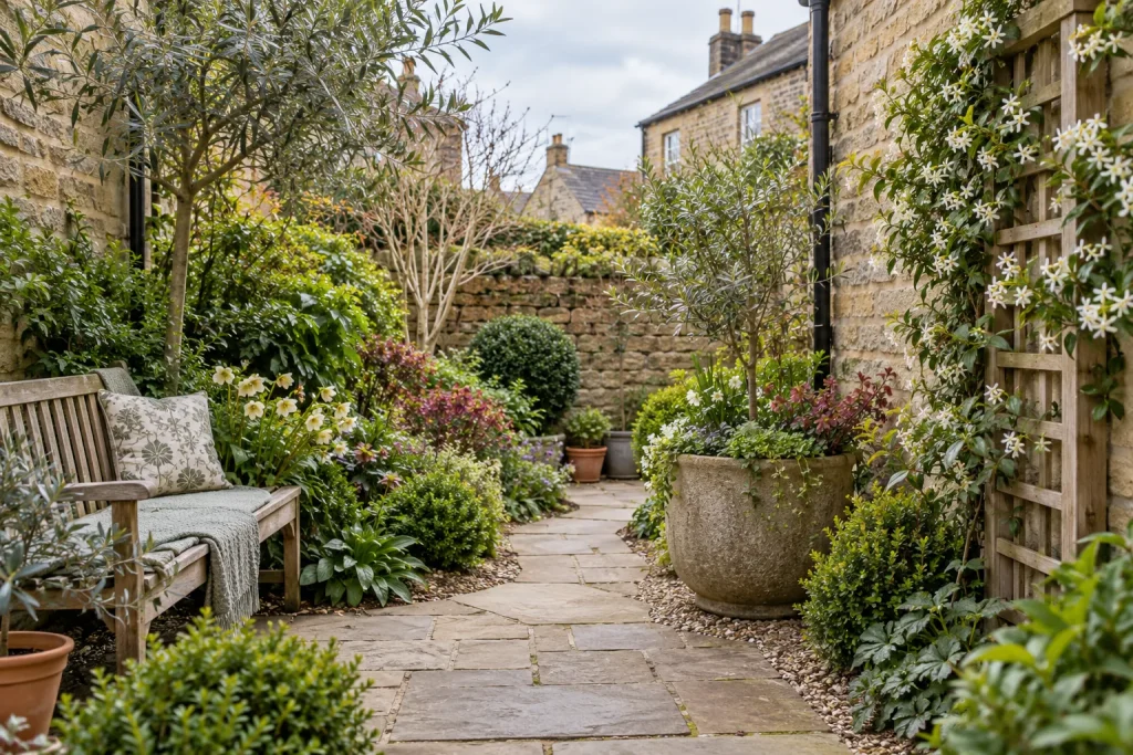 A small courtyard garden with a slim bench, winding path, trellis, and layered planting.