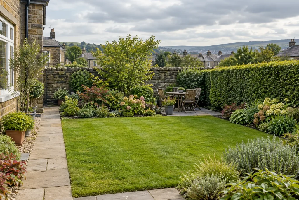 A cared-for Cottingley garden with lawn, planted borders, hedge and stone path.