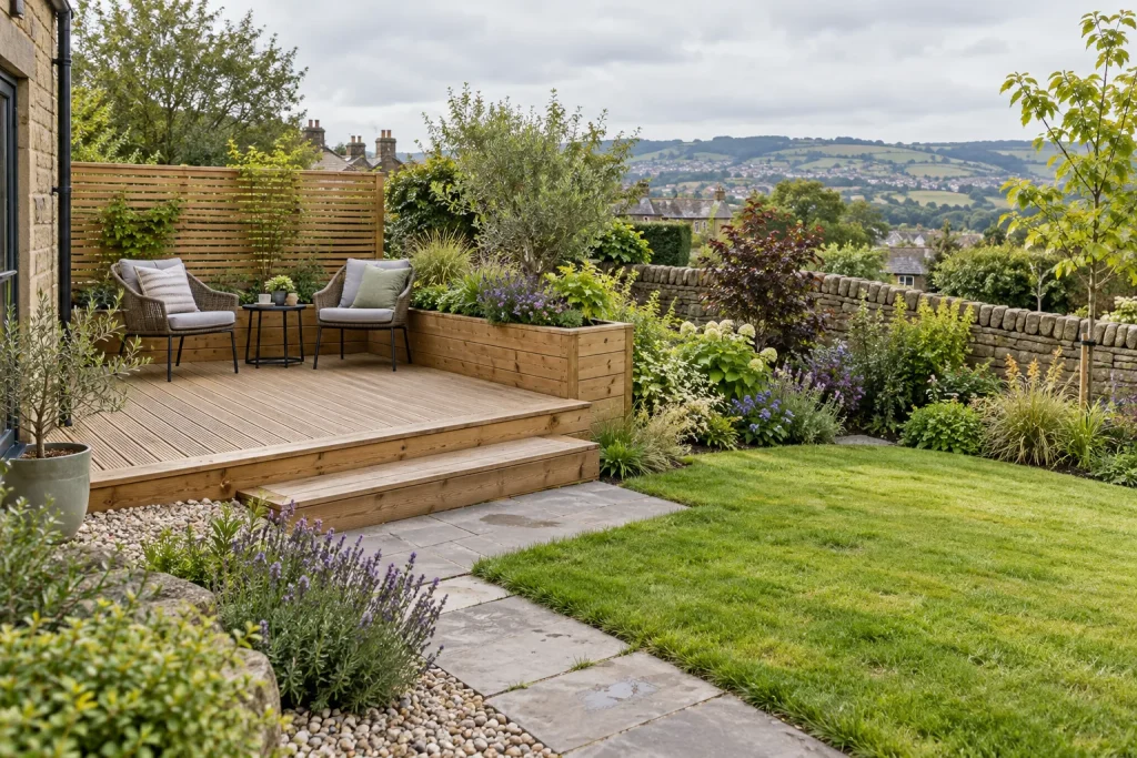 A compact timber deck with built-in planter beside a lawn, path, and planted border.