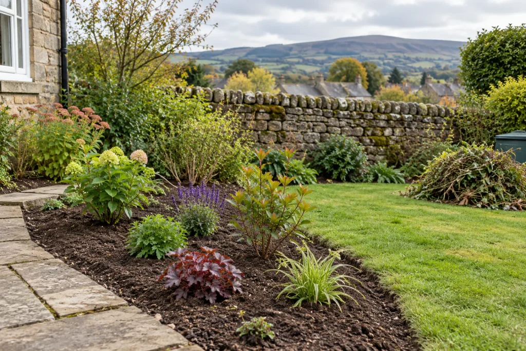 A prepared Eldwick garden border with new plants, cleared soil and a West Yorkshire stone wall.