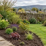 A prepared Eldwick garden border with new plants, cleared soil and a West Yorkshire stone wall.