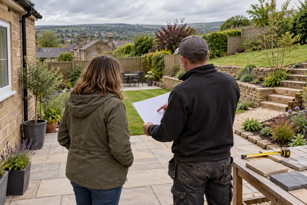 A gardener and homeowner compare a blank project sheet and paving samples beside a sloped garden.