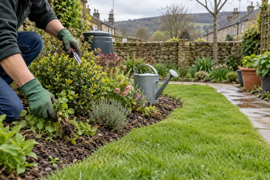A gardener tends a planted border beside a lawn with hand shears and a watering can.