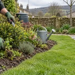A gardener tends a planted border beside a lawn with hand shears and a watering can.