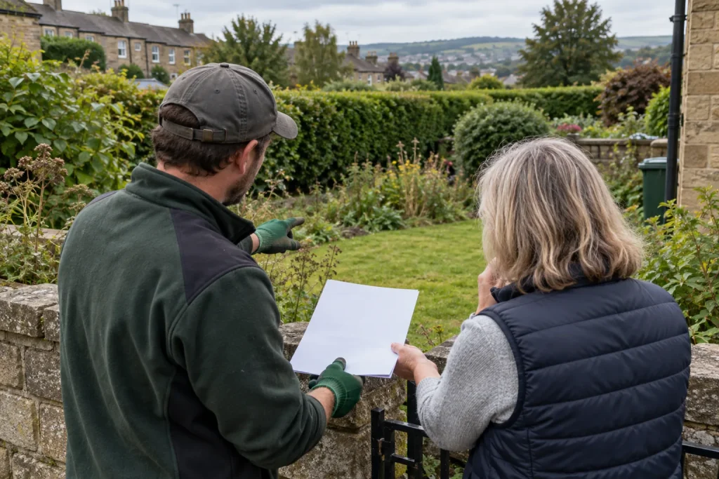 A gardener and homeowner review a blank estimate sheet beside a West Yorkshire garden.