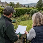 A gardener and homeowner review a blank estimate sheet beside a West Yorkshire garden.