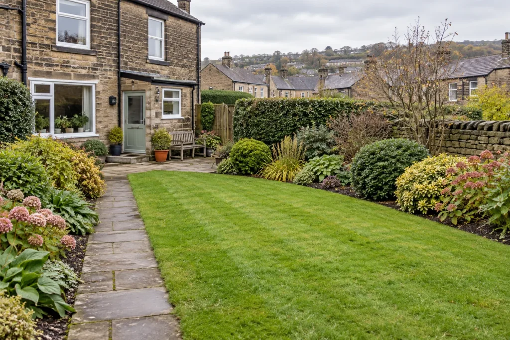 A maintained Heaton garden with a lawn, flower beds, trimmed shrubs and a stone path.