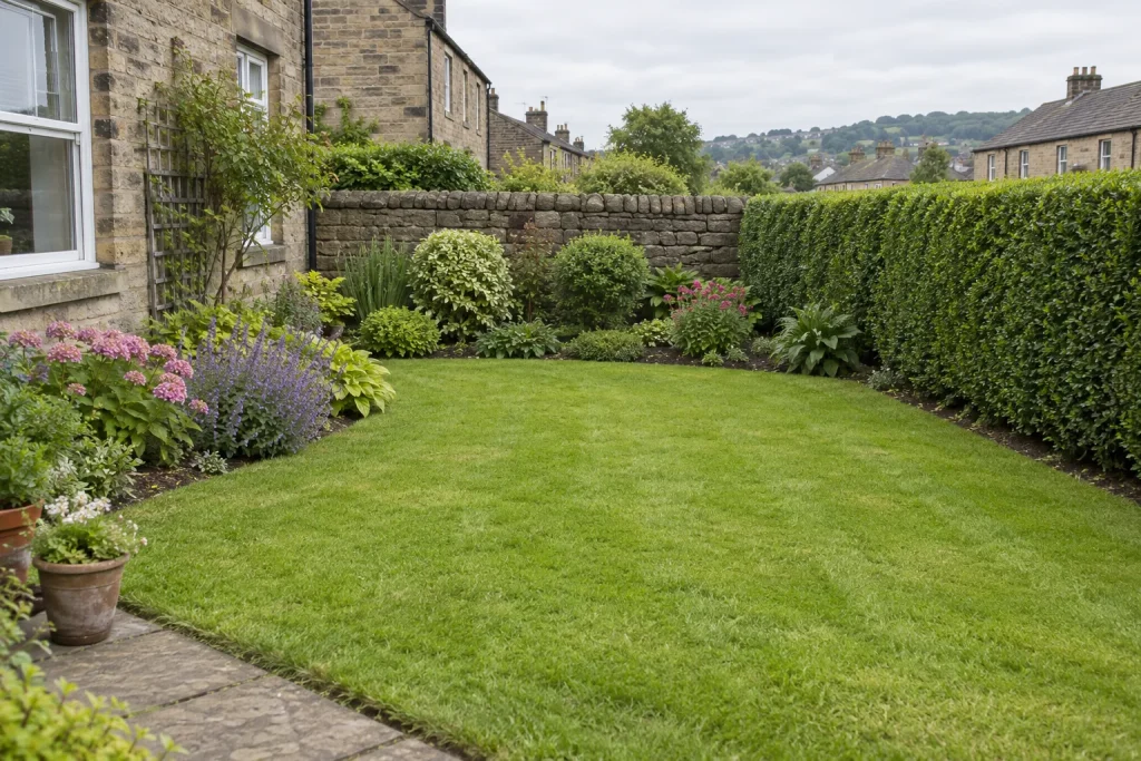 An Idle garden with a natural lawn, trimmed hedge and seasonal planted border.