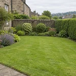 An Idle garden with a natural lawn, trimmed hedge and seasonal planted border.