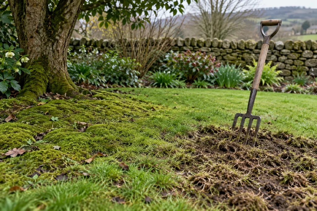 A mossy lawn under a tree beside a fork-aerated strip of turf.