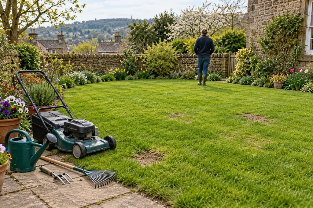 A simple mower and hand tools beside a lawn with a few bare patches in a modest garden.