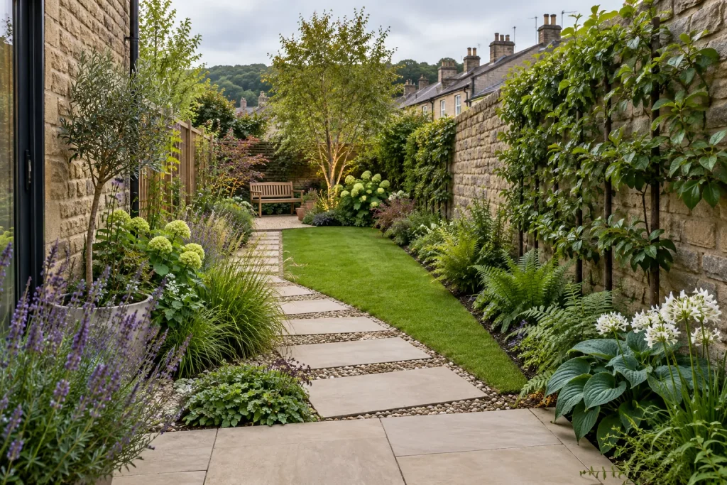 A narrow garden with crosswise paving, deep planted borders, and a bench at the far end.