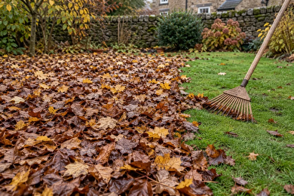 A thick layer of autumn leaves covers part of a lawn beside a raked strip of green grass.