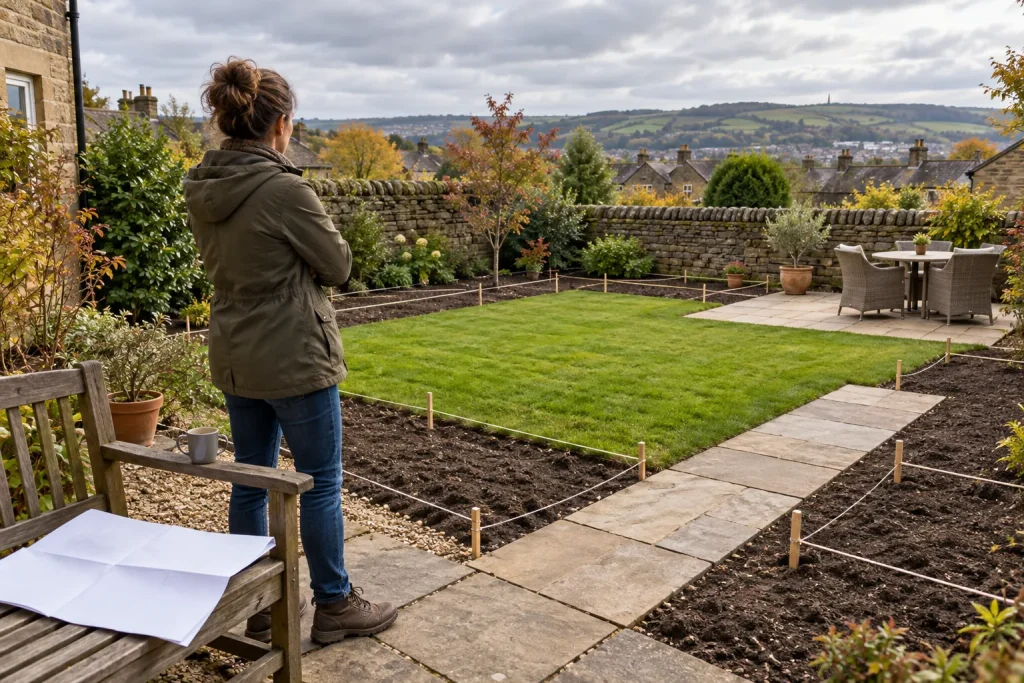 A homeowner surveys a garden layout marked with string before landscaping work begins.