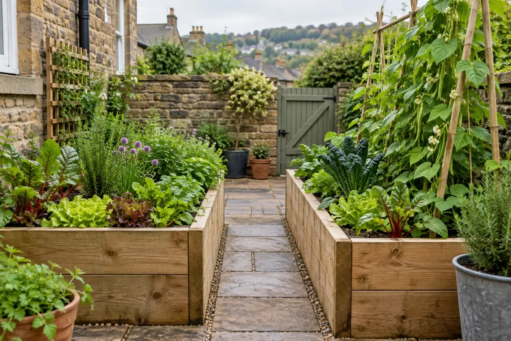 Timber raised beds with vegetables and herbs alongside a narrow path in a small garden.