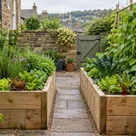 Timber raised beds with vegetables and herbs alongside a narrow path in a small garden.