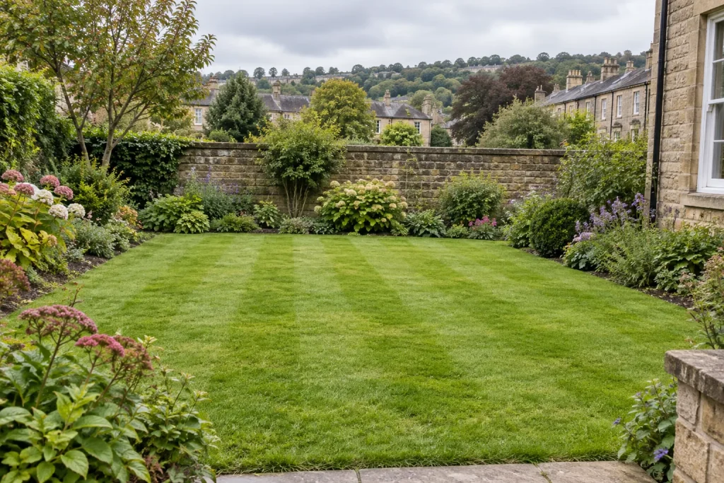 A neatly mown lawn with flower borders and a stone garden wall in Saltaire.