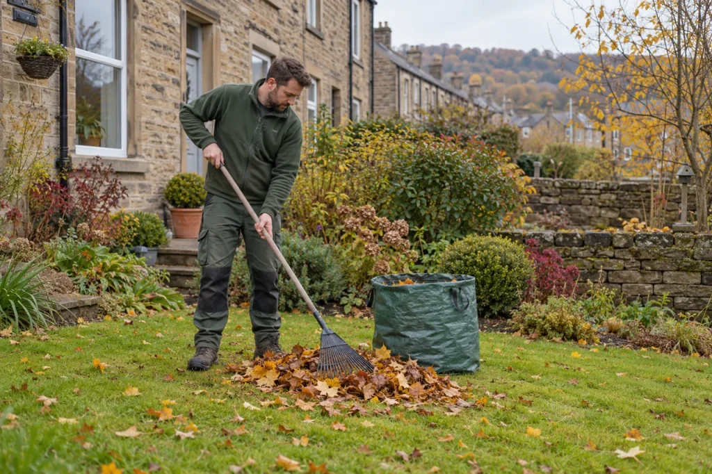 Gardener raking fallen autumn leaves beside borders in a sandstone terrace garden