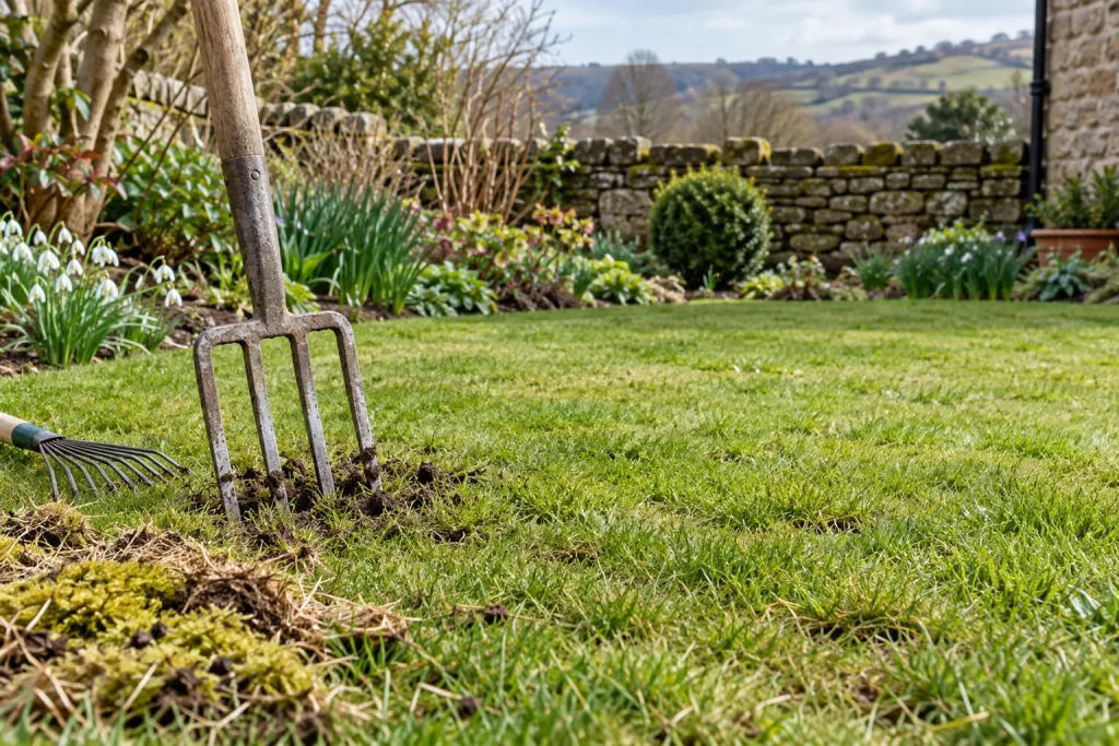 A garden fork loosens compacted soil at the edge of a spring lawn.