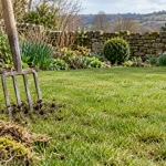 A garden fork loosens compacted soil at the edge of a spring lawn.