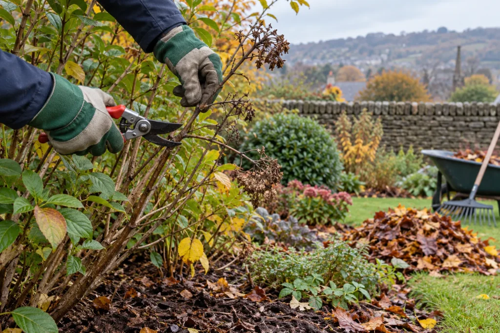 Gloved hands prune a shrub above a mulched autumn border as fallen leaves are cleared.