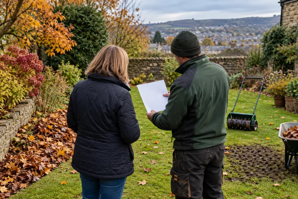 A homeowner and gardener discuss autumn lawn maintenance beside an aerator in a West Yorkshire garden.