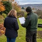 A homeowner and gardener discuss autumn lawn maintenance beside an aerator in a West Yorkshire garden.