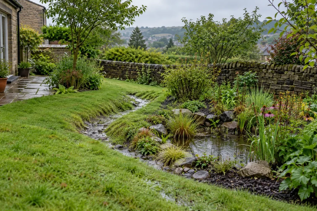 A planted rain garden and shallow grass-lined channel managing runoff beside a West Yorkshire stone home.
