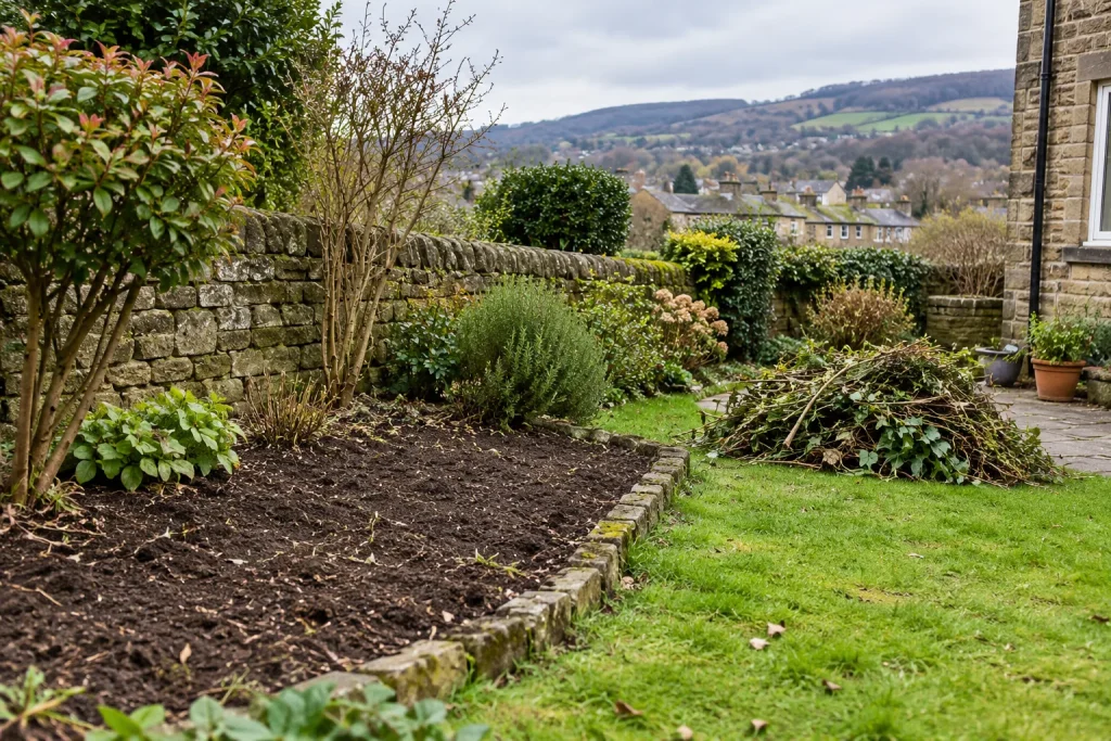 A cleared Shipley garden bed with cuttings set aside and established plants retained.