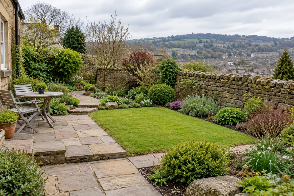 A practical Shipley garden layout with stone path, lawn, planting and a small seating area.