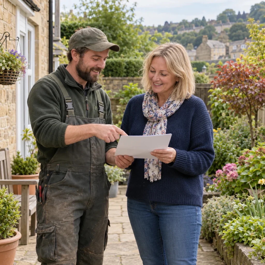 A garden maintenance plan being reviewed beside a residential garden patio.