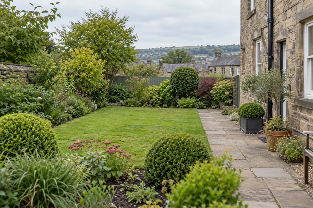 A modest Shipley garden with a lawn, maintained borders, stone path and West Yorkshire stone home.
