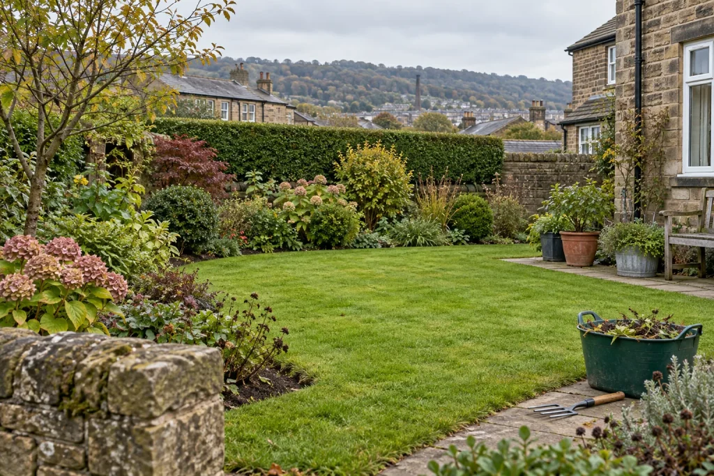 A Shipley garden with maintained lawn, mixed borders and tools set aside after routine upkeep.