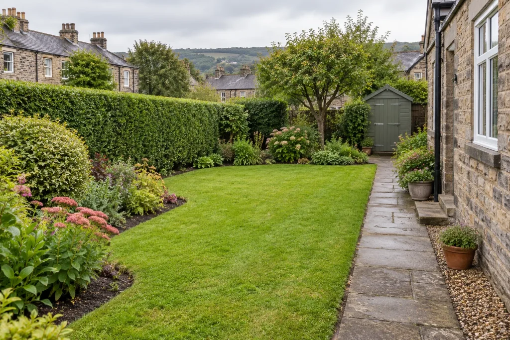 A maintained Shipley garden with a lawn, planted borders, trimmed hedge and stone path.