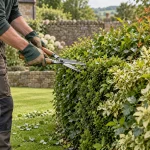 Gloved hands carefully trimming the edge of a mixed garden hedge.