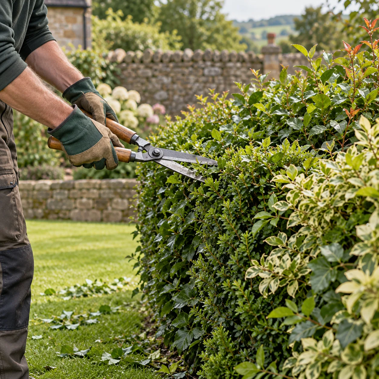 Gloved hands carefully trimming the edge of a mixed garden hedge.