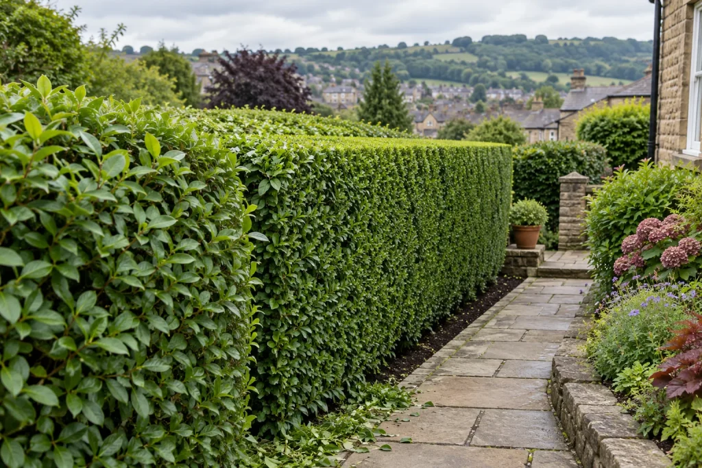 A healthy, neatly shaped hedge beside a stone path in a Shipley garden.