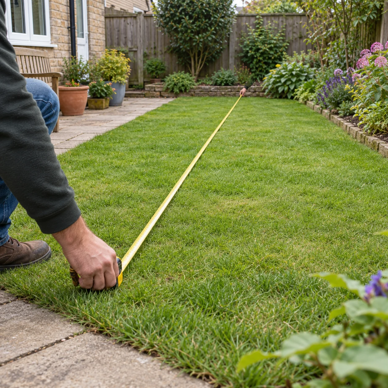 A measuring tape laid across a lawn beside a stone path and planted border.