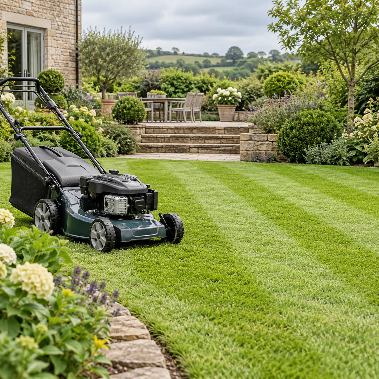 A lawn mower cutting a residential garden lawn beside leafy borders.