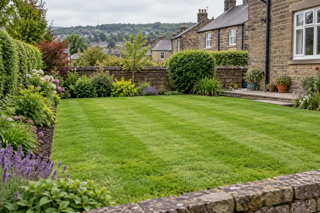 A naturally mown Shipley lawn with flower borders and a West Yorkshire stone garden edge.