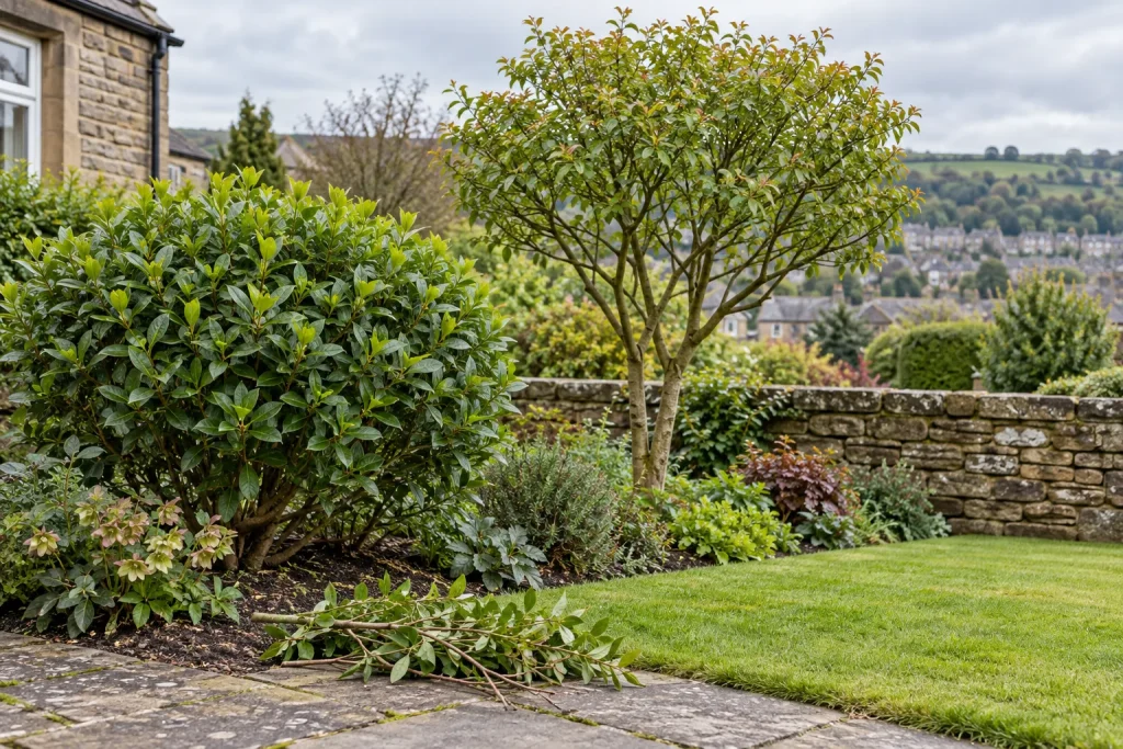 A carefully shaped shrub and small tree beside a West Yorkshire stone garden wall.