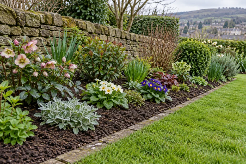 A weeded Shipley garden border with hardy seasonal plants set in prepared soil.