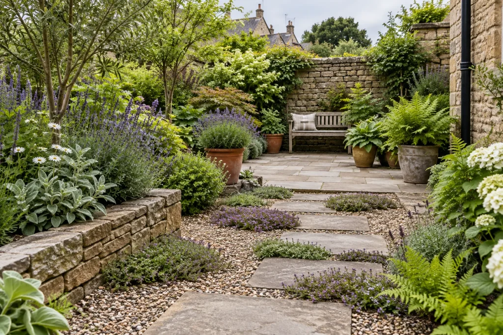A lawn-free courtyard with a stone path, gravel, flowering groundcover, and a planted patio.