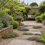 A lawn-free courtyard with a stone path, gravel, flowering groundcover, and a planted patio.