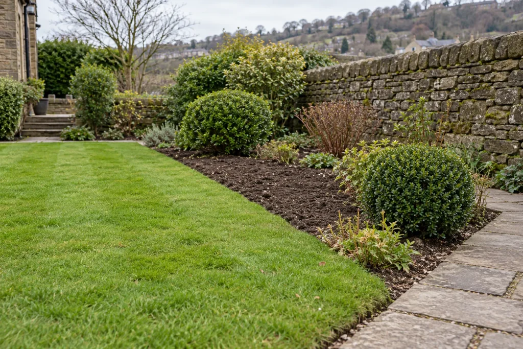 A Thackley garden with a maintained lawn, cleared planting bed and established shrubs.