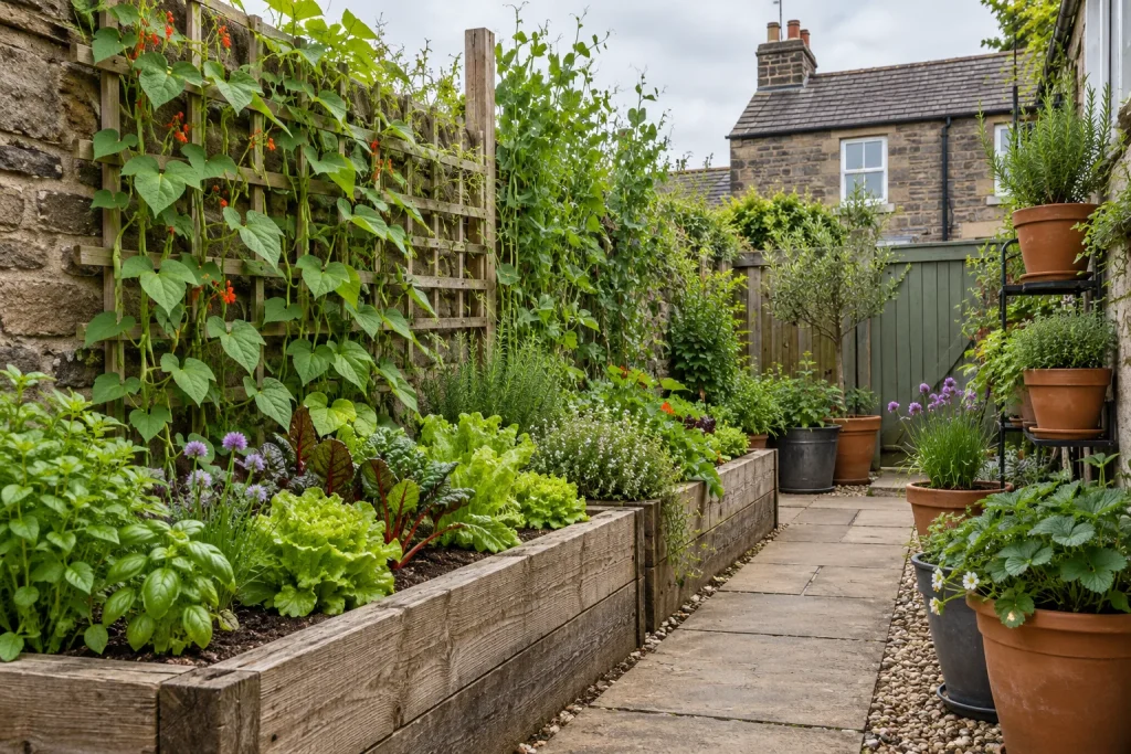 A compact garden with timber raised beds, climbing plants on a trellis, and pots beside a narrow path.