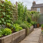 A compact garden with timber raised beds, climbing plants on a trellis, and pots beside a narrow path.